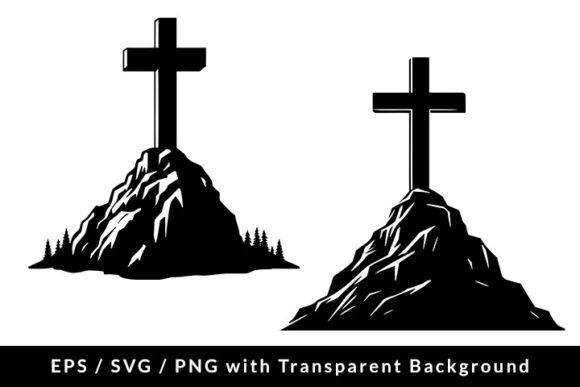 Christian Cross on Top Rock Silhouette Graphics & Illustrations